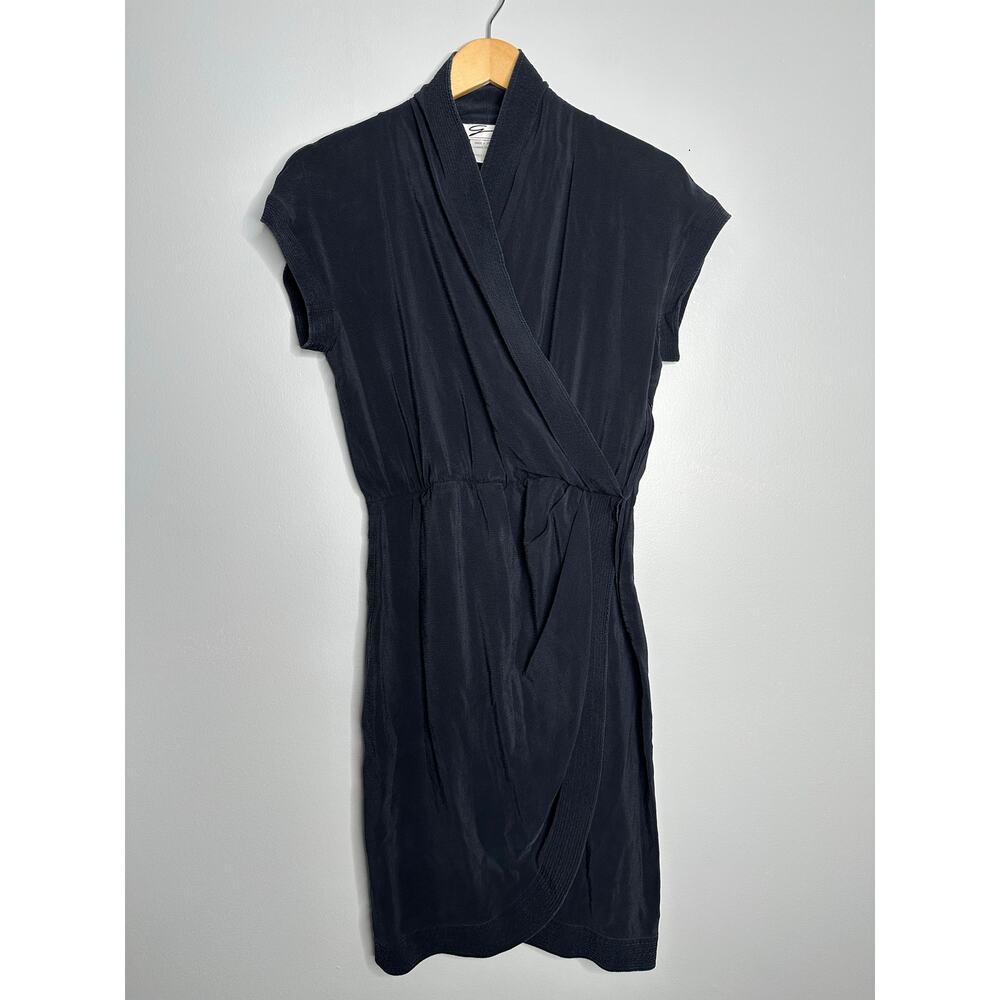Genny Women's Dark Gray Vintage‎ Silk Cap Sleeve Faux Wrap Dress No Size